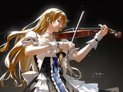 Rule 34 | 1girl, aihara-rina, black dress, blonde hair, bow (music), dress, holding instrument, holding violin, instrument, kirisame marisa, music, no headwear, parted lips, playing instrument, puffy sleeves, solo, touhou, violin, wrist cuffs, yellow eyes