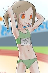 Rule 34 | 1girl, absurdres, akame-chan (kyo-yan), aliasing, blurry, blurry background, brown hair, female focus, flat chest, highres, kyo-yan, midriff, mouth hold, navel, original, outdoors, smile, solo, track uniform, tying hair