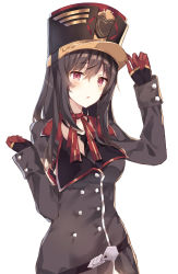 Rule 34 | 1girl, absurdres, arm up, bad id, bad pixiv id, black hair, black hat, black jacket, black necktie, blush, breasts, commentary, girls&#039; frontline, gloves, hair between eyes, hand on own headwear, hand up, hat, highres, jacket, leisss, long hair, long sleeves, medium breasts, necktie, parted lips, pzb39 (girls&#039; frontline), red eyes, red gloves, simple background, sleeves past wrists, solo, white background