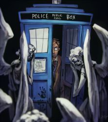 Rule 34 | 1boy, blood, blood stain, brown hair, curly hair, doctor who, handprint, koto inari, necktie, police box, poster (object), statue, tardis, tenth doctor, the doctor, weeping angel