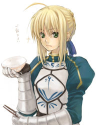 Rule 34 | 00s, 1girl, ahoge, animal print, armor, artoria pendragon (all), artoria pendragon (fate), blonde hair, bowl, chopsticks, fate/stay night, fate (series), gauntlets, green eyes, holding, long sleeves, rabbit print, ribbon, rice, rice bowl, saber (fate), simple background, solo, sparkle, translated, white background, yuuryuu nagare