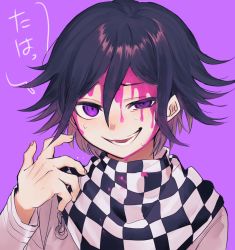 Rule 34 | 1boy, black hair, blood, blood on face, checkered clothes, checkered scarf, danganronpa (series), danganronpa v3: killing harmony, highres, long sleeves, looking at viewer, male focus, multicolored hair, open mouth, oma kokichi, pink blood, purple background, purple eyes, purple hair, scarf, simple background, solo, straitjacket, sweat, upper body, zaso