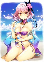 Rule 34 | 1girl, :q, alternate costume, beach, bikini, breasts, butterfly hair ornament, cherry blossoms, choker, cleavage, cup, day, eating, flower, food, hair flower, hair ornament, highres, ice cream, large breasts, looking at viewer, purple bikini, purple hair, red eyes, roh nam kyung, saigyouji yuyuko, short hair, side-tie bikini bottom, smile, solo, spoon, swimsuit, thighs, tongue, tongue out, touhou