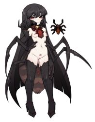 Rule 34 | 1girl, arthropod girl, black footwear, black hair, black recluse (terraria), boots, breasts, bug, claws, cleft of venus, commentary, english commentary, female pubic hair, hair between eyes, highres, insect girl, long hair, looking at viewer, monster girl, navel, nipples, nyong nyong, pale skin, personification, petite, pubic hair, pussy, red eyes, reference inset, simple background, small breasts, spider, spider girl, terraria, thigh boots, topless, very long hair, white background
