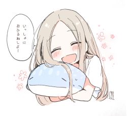 Rule 34 | 1girl, :d, ^ ^, blush, closed eyes, facing viewer, forehead, head tilt, highres, light brown hair, long hair, hugging object, open mouth, original, parted bangs, shirt, short sleeves, signature, smile, sofra, solo, stuffed animal, stuffed toy, stuffed whale, translation request, upper body, white background, white shirt