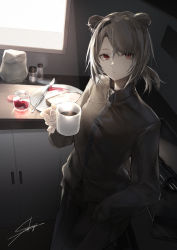 Rule 34 | 1girl, absinthe (arknights), animal ears, arknights, artist name, bear ears, black jacket, commentary request, cowboy shot, cup, grey hair, hand up, highres, holding, holding cup, indoors, jacket, knife, long sleeves, mug, partial commentary, plate, red eyes, sakusyo, short hair, signature, solo