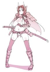 Rule 34 | 1girl, armor, bikini armor, breasts, hair ribbon, horns, large breasts, long hair, maze (gochama ze gohan), monochrome, original, ribbon, simple background, sketch, solo, standing, sword, thighhighs, weapon, white background