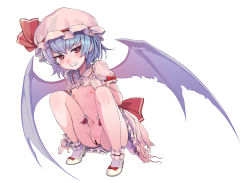 Rule 34 | 1girl, ankle cuffs, bad id, bad pixiv id, bar censor, bat wings, blue hair, blush, bow, breasts, censored, ddism, footwear bow, full body, hat, hat ribbon, highres, looking at viewer, mob cap, nipples, puffy short sleeves, puffy sleeves, pussy, red bow, red eyes, red ribbon, remilia scarlet, ribbon, shirt, shoes, short sleeves, skirt, small breasts, socks, solo, squatting, tears, torn clothes, torn shirt, torn skirt, touhou, white footwear, white socks, wings