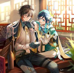 Rule 34 | 2boys, alcohol, aqua eyes, aqua hair, architecture, arm on another&#039;s shoulder, belt, belt buckle, bench, black belt, black gloves, black hair, black pants, blue neckwear, blurry, blurry foreground, blush, border0715, bottle, bow, bowtie, braid, brown hair, buckle, cape, coat, collared cape, cup, drinking, earrings, east asian architecture, feet out of frame, fern, flower, formal, genshin impact, gloves, gradient hair, green cape, green headwear, green shorts, hand on own chin, hat, hat flower, highres, holding, holding cup, indoors, jacket, jacket on shoulders, jewelry, light rays, long sleeves, looking at another, looking down, male focus, multicolored hair, multiple boys, necktie, open clothes, open coat, pants, pantyhose, sakazuki, shirt, shorts, signature, single earring, sitting, smile, striped bow, striped bowtie, striped clothes, striped neckwear, suit, sunbeam, sunlight, twin braids, two-tone hair, venti (genshin impact), vision (genshin impact), white neckwear, white pantyhose, white shirt, wine bottle, yellow eyes, yellow neckwear, zhongli (genshin impact)