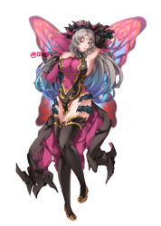 Rule 34 | 1girl, arm up, conope, fairy wings, fire emblem, fire emblem heroes, full body, gradient hair, grey hair, long hair, multicolored hair, nintendo, plant, plumeria (fire emblem), ponytail, red eyes, simple background, sleeveless, solo, twitter username, vines, white background, wings