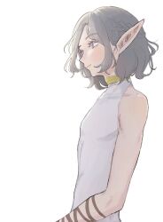 1boy androgynous dungeon_meshi elf grey_eyes grey_hair half_up_braid highres looking_to_the_side male_focus mchi125 medium_hair mithrun mithrun_(young) pointy_ears profile simple_background smile solo tunic upper_body wavy_hair white_background