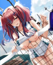 Rule 34 | 1boy, 1girl, azur lane, bad id, bad pixiv id, bare shoulders, blue sky, blush, breasts, breasts out, bremerton (azur lane), bremerton (scorching-hot training) (azur lane), clothes lift, crop top, hair between eyes, hair ornament, hairclip, hetero, highres, large breasts, long hair, multicolored hair, navel, nicky w, nipples, official alternate costume, open mouth, penis, pink eyes, pink hair, sex, shirt, shirt lift, sky, sleeveless, sleeveless shirt, sportswear, standing, standing sex, streaked hair, tennis net, tennis uniform, twintails, two-tone shirt, two-tone skirt, vaginal, x hair ornament