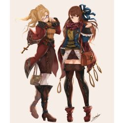 Rule 34 | 10s, 2girls, ;d, ankle boots, arm at side, arm behind back, asymmetrical bangs, bag, beatrix (granblue fantasy), belt, bespectacled, blonde hair, blue-framed eyewear, blue eyes, blue jacket, blue ribbon, boots, bow, braid, breasts, brown eyes, brown footwear, brown hair, brown legwear, brown shorts, brown skirt, buttons, closed mouth, coat, cross, frilled sleeves, frills, glasses, granblue fantasy, grey background, hair bow, hair ribbon, handbag, holding, holding bag, jacket, knee boots, long hair, long sleeves, looking at viewer, medium breasts, multiple girls, one eye closed, open clothes, open jacket, open mouth, pantyhose, red footwear, red scarf, ribbon, scarf, semi-rimless eyewear, shorts, signature, simple background, skirt, sleeve cuffs, smile, sweater, thighhighs, turtleneck, turtleneck sweater, twintails, under-rim eyewear, white legwear, yatsuka (846), zeta (granblue fantasy)