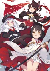 Rule 34 | 3girls, absurdres, aged down, akagi-chan (azur lane), akagi (azur lane), animal ears, azur lane, bare shoulders, bell, black hair, black pantyhose, black thighhighs, blush, breasts, cape, closed mouth, commentary request, cross, detached sleeves, dress, flat chest, fox ears, graf zeppelin (azur lane), grey hair, hair bell, hair ornament, hairclip, hands on own hips, hat, hiei-chan (azur lane), hiei (azur lane), highres, horns, iron cross, japanese clothes, jingle bell, katana, long hair, long sleeves, looking at viewer, multiple girls, nemeneko 6, orange eyes, pantyhose, pink eyes, pleated skirt, purple eyes, sandals, shikigami, short dress, short hair, sidelocks, simple background, skirt, slippers, small breasts, smile, smug, socks, sword, tassel, thighhighs, v-shaped eyebrows, weapon, white background, white dress, white legwear, wide sleeves, yellow eyes, zeppy (azur lane), zettai ryouiki
