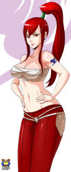 Rule 34 | 1girl, breasts, erza scarlet, fairy tail, female focus, highres, kyoffie, large breasts, long hair, midriff, navel, ponytail, red eyes, red hair, simple background, smile, solo, tattoo