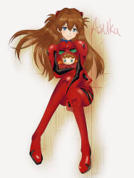 Rule 34 | 1girl, artist request, blue eyes, bodysuit, breasts, brown hair, crossed legs, doll, full body, hair between eyes, hair ornament, long hair, looking back, neon genesis evangelion, pilot suit, plugsuit, red bodysuit, shiny clothes, shiny skin, sitting, skin tight, smile, solo, souryuu asuka langley, two side up, very long hair, wide hips