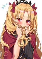 Rule 34 | 1girl, asymmetrical sleeves, blonde hair, blush, bow, breasts, cape, ereshkigal (fate), fate/grand order, fate (series), flying sweatdrops, hair bow, highres, hizuki higure, holding, holding hair, long hair, looking at viewer, parted bangs, red bow, red cape, red eyes, simple background, skull, solo, spine, tiara, two side up, uneven sleeves, white background