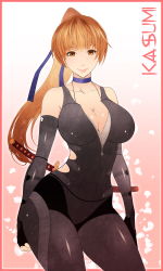 Rule 34 | 1girl, absurdres, alternate costume, bad id, bare shoulders, breasts, brown eyes, brown hair, character name, cleavage, clenched hand, collarbone, curvy, dead or alive, dead or alive 5, elbow gloves, fingerless gloves, gloves, highres, kasumi (doa), large breasts, looking at viewer, ninja, ponytail, sheath, skin tight, smile, solo, sword, tecmo, weapon, weapon on back, x-t3al