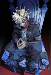 Rule 34 | 1boy, artist name, black footwear, black jacket, black pants, boku no hero academia, boots, burn scar, chair, crown, dabi (boku no hero academia), fingers together, grey shirt, jacket, kadeart, knee boots, knee up, male focus, open mouth, pants, scar, shirt, short sleeves, sitting, smile, solo, spiked hair, spoilers, stitches, teeth