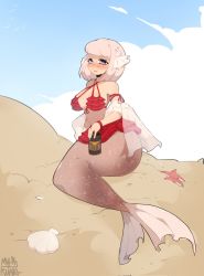 Rule 34 | 1girl, beach, beer can, bikini, blue eyes, blush, can, cloud, drink can, hair ornament, highres, looking at viewer, lying, mermaid, monster girl, mythrunadraw, original, outdoors, sand, shell, short hair, signature, solo, starfish, swimsuit, white hair