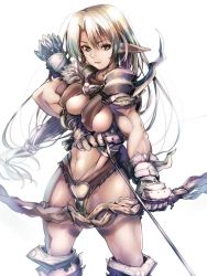 Rule 34 | 1girl, armor, arrow (projectile), blonde hair, boots, bow (weapon), breasts, byo (kuro usagi), covered erect nipples, elf, gloves, large breasts, long hair, muscular, navel, original, pointy ears, ponytail, simple background, solo, very long hair, weapon, white background, yellow eyes