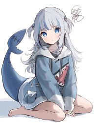 Rule 34 | 1girl, :t, arms between legs, barefoot, blue eyes, blue hair, blue hoodie, blunt bangs, commentary request, cyan (sasukeone3), fins, fish tail, gawr gura, gawr gura (1st costume), grey hair, hair ornament, highres, hololive, hololive english, hood, hoodie, long hair, long sleeves, looking at viewer, multicolored hair, partial commentary, pout, shark girl, shark hair ornament, shark tail, sharp teeth, sitting, sketch, solo, streaked hair, tail, teeth, two side up, virtual youtuber, white background