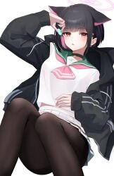 Rule 34 | 1girl, animal ears, black choker, black hair, black hoodie, black pantyhose, blue archive, blush, breasts, cat ears, choker, colored inner hair, exiadoon, extra ears, feet out of frame, food, hair ornament, hairclip, halo, hand up, highres, holding, holding food, hood, hoodie, kazusa (blue archive), knees up, long sleeves, lying, macaron, medium breasts, midriff peek, multicolored hair, neckerchief, on back, open clothes, open hoodie, open mouth, pantyhose, pink hair, pink halo, pink neckerchief, pleated skirt, red eyes, sailor collar, skirt, solo, two-tone hair, white skirt