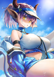 Rule 34 | 1girl, :o, animal ears, arknights, arm strap, bare shoulders, bikini, blue jacket, blue sky, blush, breasts, clothes writing, cow ears, cow girl, cow horns, cow tail, day, hat, highres, horns, huge breasts, jacket, lens flare, long sleeves, looking at viewer, mitake eil, navel, off shoulder, official alternate costume, open clothes, open jacket, open mouth, outdoors, sideroca (arknights), sideroca (light breeze) (arknights), skindentation, sky, solo, sunlight, sweatdrop, swimsuit, tail, thighs, visor cap, white bikini, white hat, yellow eyes