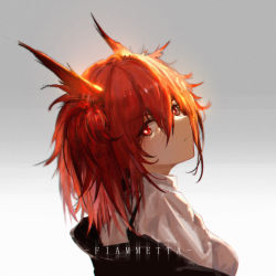 Rule 34 | 1girl, absurdres, animal ears, arknights, bird ears, black jacket, fiammetta (arknights), from side, gradient background, grey background, hair between eyes, highres, jacket, looking at viewer, niuy, off shoulder, open clothes, open jacket, red eyes, red hair, shirt, short hair, simple background, solo, upper body, white shirt