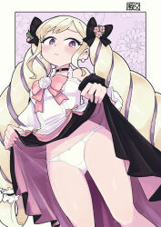 Rule 34 | 1girl, black bow, black choker, blonde hair, blush, border, bow, chichibu (watson), choker, closed mouth, clothes lift, commentary request, commission, dress, dress lift, earrings, elise (fire emblem), elise (valentine) (fire emblem), eyelashes, fire emblem, fire emblem fates, fire emblem heroes, flower, frills, head tilt, highres, jewelry, lifted by self, long hair, looking down, multicolored hair, nintendo, official alternate costume, outside border, panties, pink bow, pink flower, purple eyes, sidelocks, solo, streaked hair, twintails, underwear, white border, white dress, white panties