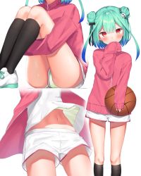 Rule 34 | 1girl, alternate costume, aqua hair, ball, basketball, basketball (object), black ribbon, black socks, blue hair, blunt bangs, blush, breasts, commentary, covering own mouth, cowboy shot, double bun, feet out of frame, gradient hair, hair between eyes, hair bun, hair ornament, hair ribbon, hand over own mouth, hand up, head out of frame, highres, holding, holding ball, hololive, hugging own legs, jacket, k mugura, kneehighs, legs, legs together, long sleeves, looking at viewer, medium hair, midriff peek, multicolored hair, multiple views, navel, pink jacket, red eyes, ribbon, shadow, shiny skin, shirt, shoes, short shorts, shorts, sidelocks, skull hair ornament, sleeves past wrists, sneakers, socks, thighs, track jacket, uruha rushia, virtual youtuber, white background, white shirt, white shorts