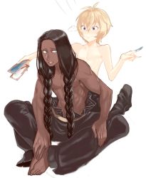 Rule 34 | 2boys, billy the kid (fate), black hair, blonde hair, braid, dark skin, fate/grand order, fate (series), feet together, geronimo (fate), long hair, male focus, multiple boys, muscular, native american, rokkotsu, topless male, simple background, smile, white background