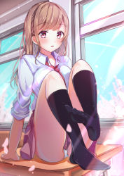 Rule 34 | 1girl, :o, absurdres, black legwear, breasts, brown hair, buntason (buritarooooo), cherry blossoms, classroom, collared shirt, commentary request, contrail, desk, highres, indoors, long hair, medium breasts, necktie, on desk, open mouth, original, panties, pantyshot, parted lips, petals, pleated skirt, red eyes, red skirt, school uniform, shirt, sitting, on desk, skirt, solo, thighs, toes, underwear, uniform, white panties, white shirt, window