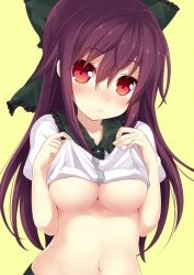 Rule 34 | 1girl, :o, blush, bow, breasts, clothes lift, frilled shirt collar, frills, green bow, hair bow, lifted by self, long hair, looking at viewer, medium breasts, minamura haruki, navel, no bra, nose blush, puffy short sleeves, puffy sleeves, purple hair, red eyes, reiuji utsuho, shirt, shirt lift, short sleeves, solo, touhou, underboob, upper body, white shirt