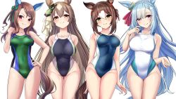 Rule 34 | 4girls, animal ears, black one-piece swimsuit, blue hair, blue one-piece swimsuit, blush, breasts, brown hair, collarbone, commentary request, competition swimsuit, fine motion (umamusume), green eyes, green one-piece swimsuit, hair between eyes, hair bun, hair ornament, hand on own hip, head tilt, herohero (higashi no dou), highres, horse ears, horse tail, king halo (umamusume), large breasts, long hair, medium breasts, medium hair, multiple girls, one-piece swimsuit, parted bangs, purple eyes, red eyes, satono diamond (umamusume), simple background, single hair bun, smile, swept bangs, swimsuit, tail, thighs, umamusume, white background, white one-piece swimsuit