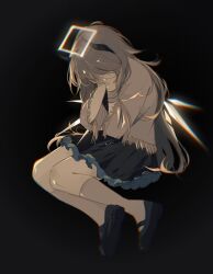 Rule 34 | 1girl, arknights, bandaged arm, bandages, black background, black footwear, black skirt, character request, commentary request, covering own eyes, crying, detached wings, fringe trim, full body, grey hair, grey shirt, grey socks, halo, highres, long hair, long sleeves, mirikashika, shirt, shoe soles, shoes, simple background, skirt, socks, solo, tears, very long hair, white wings, wide sleeves, wings