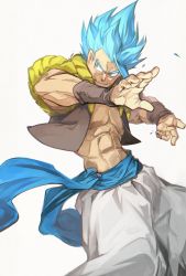 Rule 34 | 1boy, abs, blue eyes, blue hair, clothes lift, dragon ball, dragon ball super, dragon ball super broly, fighting stance, fingernails, frown, gogeta, grin, highres, looking away, male focus, metamoran vest, outstretched arms, pants, pectorals, short hair, simple background, smile, solo, spiked hair, super saiyan, super saiyan blue, topless male, waistcoat, white background, white pants, wristband, yunar