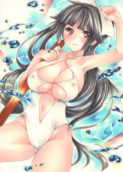 Rule 34 | 1girl, arm up, azur lane, bare arms, bare shoulders, black hair, blunt bangs, bow, breasts, cleavage, closed mouth, collarbone, covered erect nipples, eyes visible through hair, hair bow, halterneck, highres, long hair, looking at viewer, marker (medium), navel, one-piece swimsuit, orange eyes, saya pr, smile, solo, swimsuit, takao (azur lane), takao (beach rhapsody) (azur lane), traditional media, underboob, very long hair, water, white bow, white one-piece swimsuit