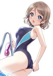 Rule 34 | 1girl, adjusting clothes, adjusting swimsuit, ass, blue eyes, blue one-piece swimsuit, blush, breasts, brown hair, commentary request, competition swimsuit, contrapposto, cowboy shot, dutch angle, from side, goggles, highres, holding, holding goggles, looking at viewer, love live!, love live! sunshine!!, medium breasts, one-piece swimsuit, open mouth, pool ladder, sankuro (agoitei), short hair, simple background, solo, swimsuit, thighs, unworn goggles, wading, watanabe you, wet, white background