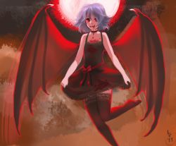 Rule 34 | 1girl, alternate costume, bare shoulders, bat wings, black dress, blood, blood on face, blue hair, bow, choker, cross, curtsey, dress, female focus, flat chest, full moon, licking lips, moon, no headwear, no headwear, no shoes, red eyes, red moon, remilia scarlet, roarke (lavenderincubus), short hair, solo, thighhighs, tongue, tongue out, touhou, vampire, wings