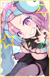 Rule 34 | 1girl, alternate costume, aqua hair, black nails, black skirt, blurry, blush stickers, border, bow-shaped hair, breasts, character hair ornament, creatures (company), fingernails, frilled shirt, frills, from above, game freak, grey pantyhose, hair ornament, head tilt, highres, iono (pokemon), jewelry, jirai kei, large breasts, lightning bolt print, long sleeves, looking at viewer, multicolored hair, nail polish, nintendo, outside border, pantyhose, pink hair, pink shirt, pink thighhighs, pokemon, pokemon sv, polka dot, purple eyes, ring, sharp teeth, shiro (branch0126), shirt, single leg pantyhose, single thighhigh, sitting, skirt, sleeveless, sleeveless shirt, sleeves past wrists, smile, solo, split-color hair, star (symbol), star in eye, symbol in eye, teeth, thighhighs, two-tone hair, v, v-shaped eyebrows, v over mouth, x, yellow border