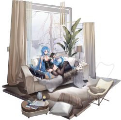 Rule 34 | 1girl, artist request, azur lane, bare shoulders, bear, black thighhighs, blue eyes, blue hair, blush, book, breasts, cleavage, closed eyes, couch, cup, feet, floor lamp, garter straps, hair between eyes, highres, holding, holding book, indoors, kettle, large breasts, long hair, manjuu (azur lane), nail polish, official alternate costume, official art, on couch, open book, pillow, plant, sidelocks, sitting, sleepwear, smile, sovetskaya belorussiya (azur lane), sovetskaya belorussiya (relaxation stratagem) (azur lane), thighhighs, toy, transparent background, very long hair, window, winter