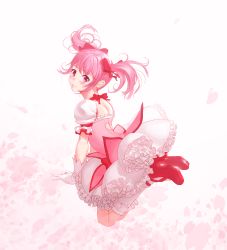 Rule 34 | 1girl, absurdres, athenawyrm, blush, bow, bubble skirt, character cutout, cherry blossoms, floating hair, frilled skirt, frilled socks, frills, from side, full body, hair bow, head tilt, highres, jumping, kaname madoka, kneehighs, layered skirt, legs up, long hair, looking at viewer, mahou shoujo madoka magica, mahou shoujo madoka magica (anime), miniskirt, petals, pink eyes, pink hair, pink skirt, red bow, red footwear, short sleeves, skirt, smile, socks, solo, twintails, white skirt, white sleeves, white socks