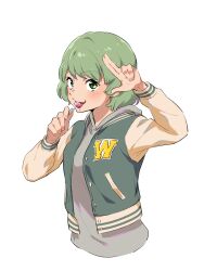 Rule 34 | 1girl, blush, candy, chupa chups, commentary request, edomon-do, food, green eyes, green hair, highres, holding, holding candy, holding food, jacket, letterman jacket, lollipop, long sleeves, looking at viewer, mona lisa no zaregoto, short hair, simple background, solo, upper body, wasabi (mona lisa no zaregoto), white background