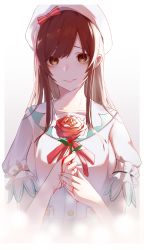 Rule 34 | 1girl, beret, blood, blood on hands, brown eyes, brown hair, collarbone, empty eyes, enushi, flower, gradient background, grey background, hat, hat ribbon, highres, holding, holding flower, idolmaster, idolmaster shiny colors, looking at viewer, osaki amana, parted lips, red flower, red ribbon, red rose, ribbon, ribbon-trimmed sleeves, ribbon trim, rose, shirt, short sleeves, sidelocks, smile, solo, straight hair, swept bangs, upper body, white hat, white shirt