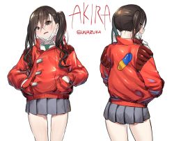 Rule 34 | 1girl, akira (manga), brown eyes, brown hair, character name, commentary request, cosplay, cowboy shot, crossover, eyes visible through hair, green neckwear, grey skirt, hair between eyes, hands in pockets, idolmaster, idolmaster cinderella girls, jacket, kaneda shoutarou (akira), kaneda shoutarou (cosplay), looking at viewer, looking back, mask, messy hair, microskirt, miniskirt, mouth mask, multiple views, name connection, pleated skirt, red jacket, simple background, skirt, standing, sunazuka akira, twintails, urrrt, white background