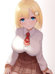 Rule 34 | 1girl, abeen jhong, absurdres, arms at sides, blonde hair, blue eyes, blush, breasts, brown skirt, closed mouth, collared shirt, commentary request, cowboy shot, hair ornament, high-waist skirt, highres, hololive, hololive english, large breasts, long hair, long sleeves, looking at viewer, necktie, plaid, plaid skirt, pleated skirt, red necktie, shirt, sitting, skirt, smile, solo, virtual youtuber, watson amelia, watson amelia (1st costume), white shirt