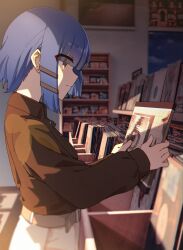 Rule 34 | 1girl, absurdres, belt, black shirt, blonde hair, blue hair, bocchi the rock!, collared shirt, commentary, dusk, ear piercing, from side, hairband, highres, holding record, jl tan, long sleeves, piercing, profile, record, record store, shirt, shirt tucked in, shop, short hair, solo, upper body, yamada ryo