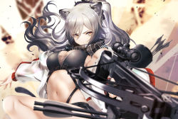 Rule 34 | 1girl, animal ear fluff, animal ears, arknights, black scarf, bow (weapon), breasts, cleavage, closed mouth, commentary, crossbow, fukuzawa yukichi (egoist867), hair between eyes, highres, holding, holding weapon, long hair, looking at viewer, medium breasts, navel, outstretched arm, ponytail, quiver, scarf, schwarz (arknights), silver hair, solo, weapon, yellow eyes