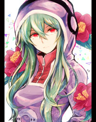 Rule 34 | 1girl, bad id, bad pixiv id, expressionless, flower, green hair, hair between eyes, hood, hoodie, kabocha torute, kagerou project, kido tsubomi, long hair, looking at viewer, pillarboxed, red eyes, simple background, solo, triangle, upper body, vocaloid, white background, zipper